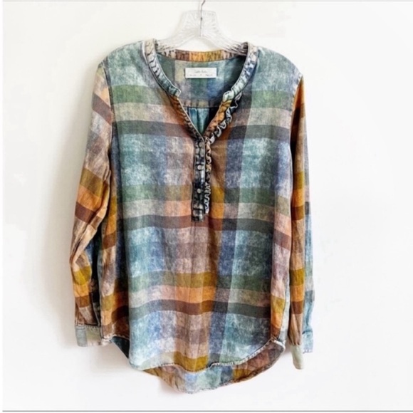 Anthropologie Isabella Sinclair Ruffled Plaid Henley shirt blue orange popover - Picture 2 of 11